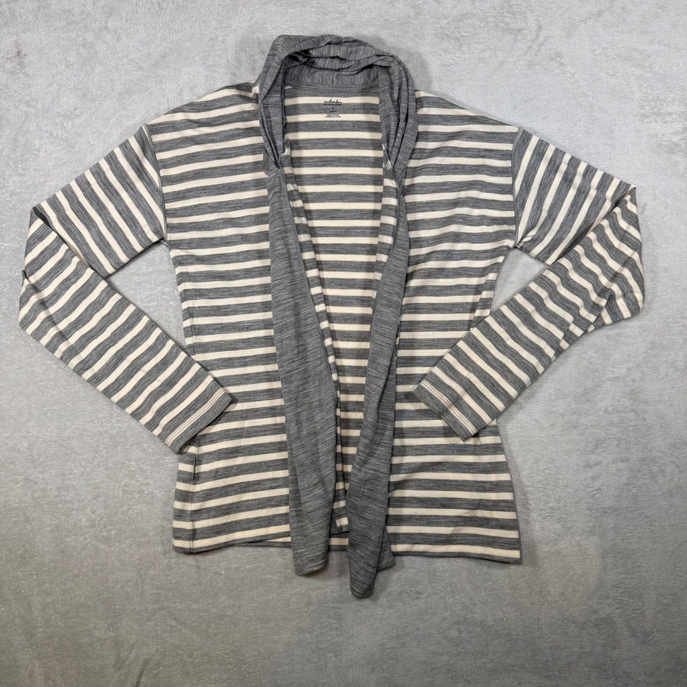 Icebreaker Merino Wool Striped Cardigan Grey Cream Open Front‎ Wrap Small